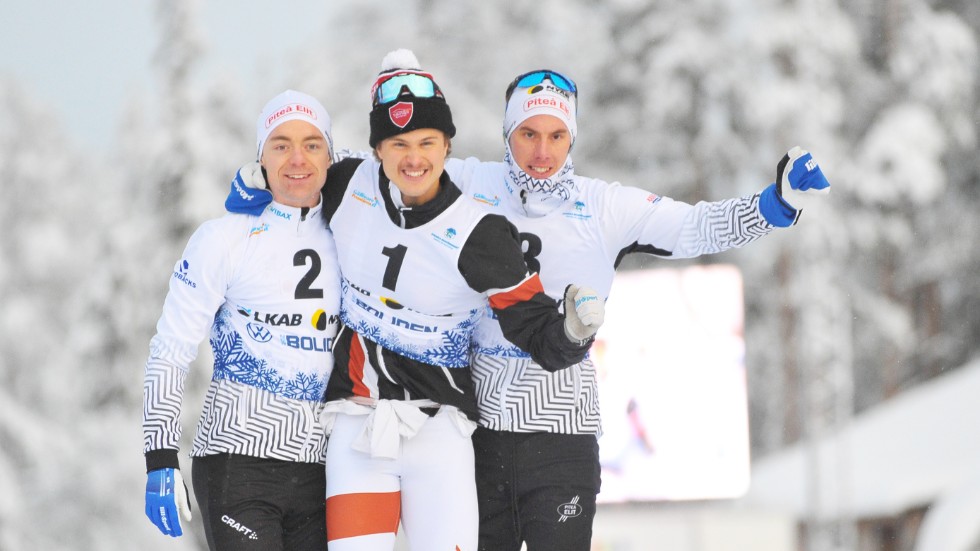 Pallen i herranas sprint blev från vänster Martin Bergström, Olof Jonsson och Johan Häggström.