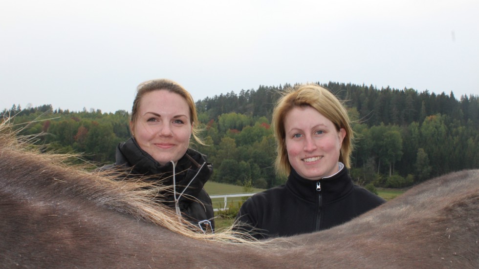 Konkurrenter? Inte alls, vi kompletterar varandra, säger Sofia Fridberg och Jonna Hemmingsson över Stellas rygg. Tillsammans kan de erbjuda stallplats med tillång till ridhus. 