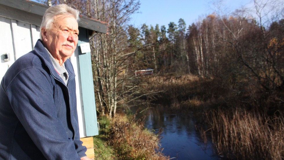 Tage Åberg tittar ut över Stångån från sin tomt i Åstad. "Det håller på att växa igen totalt".