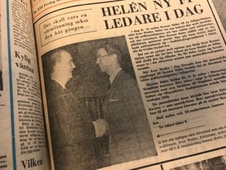 Kuriren för 50 år sedan: Det ska tydligen vara Sörmland som ska hålla folkpartiet med ordförande. Sven Wedén, Eskilstuna, tackar för sig och lämnar över till f d landshövding Gunnar Helén, född Vingåkersbo.