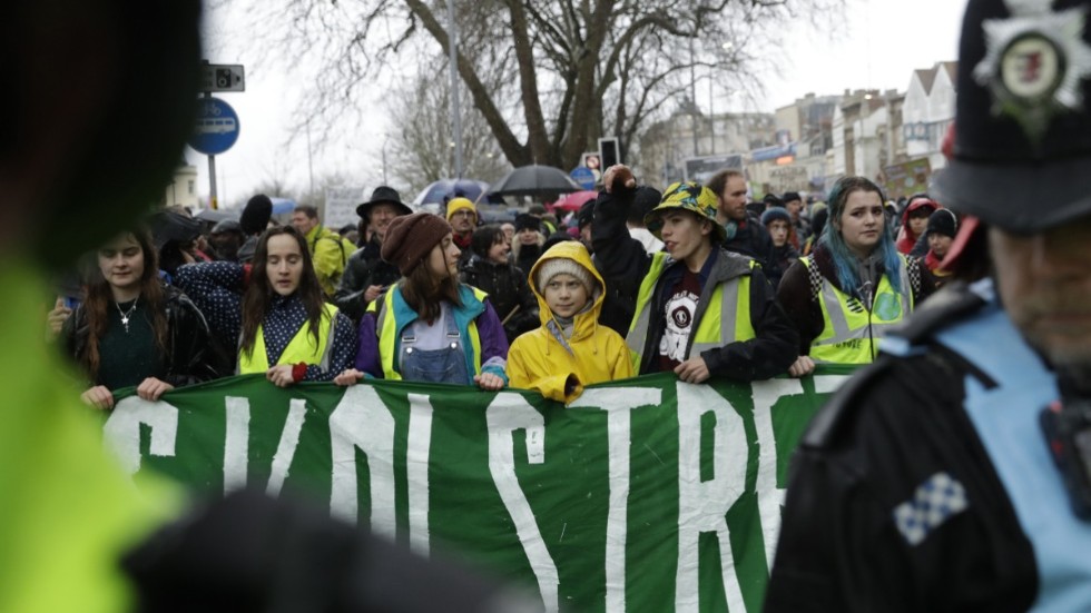 Den svenska klimataktivisten Greta Thunberg deltar i en manifestation i Bristol, i sydvästra England, i februari.