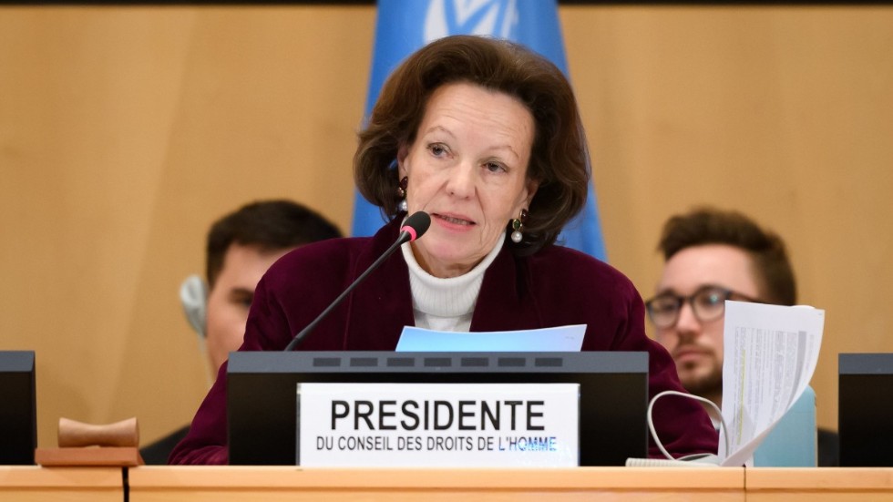 Elisabeth Tichy-Fisslberger, ordförande för FN:s råd för mänskliga rättigheter, när rådet beslutade att avbryta sitt årliga möte i mitten av mars på grund av coronapandemin.
