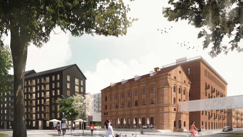Tegelsilon  och kvarnhuset vid Östra Ågatan (t h) bevaras i förslaget. Länsstyrelsen ser gärna att även nya hus i kvarteren får tegelfasader.  