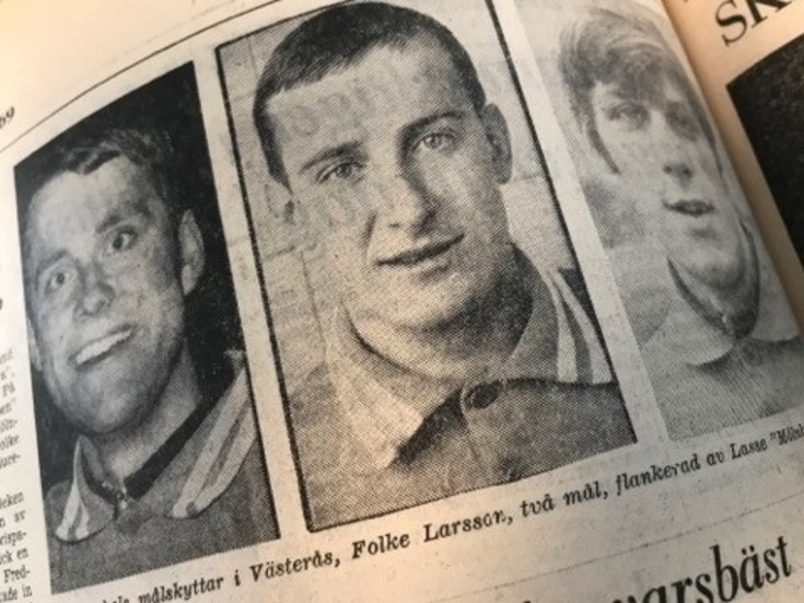 Kuriren för 50 år sedan: Värmbols målskyttar i Västerås, Folke Larsson, två mål, flankerad av Lasse "Mölnbo" Karlsson och Gert Peterson.