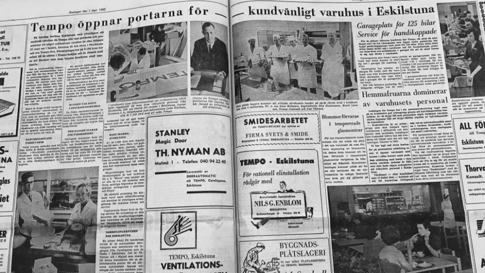 Eskilstuna-Kuriren den 1 september 1965. Det stora lyxiga varuhuset Tempo ska öppna dagen efter att artiklarna publicerats. Här finns nästan allt som man kan behöva, enligt texten.