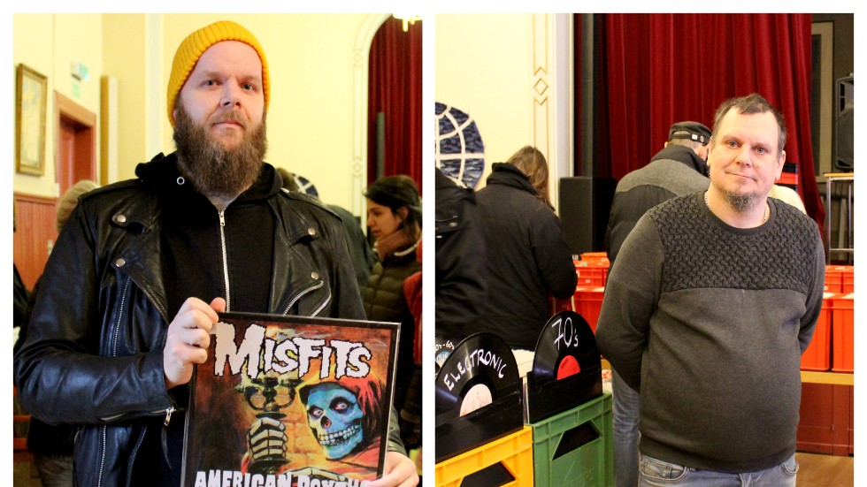 Joakim Bergman från Linköping (till vänster), hittade en LP med Misfits på mässan. Marko Runne (till höger) är arrangör under namnet Record Pop up store. 