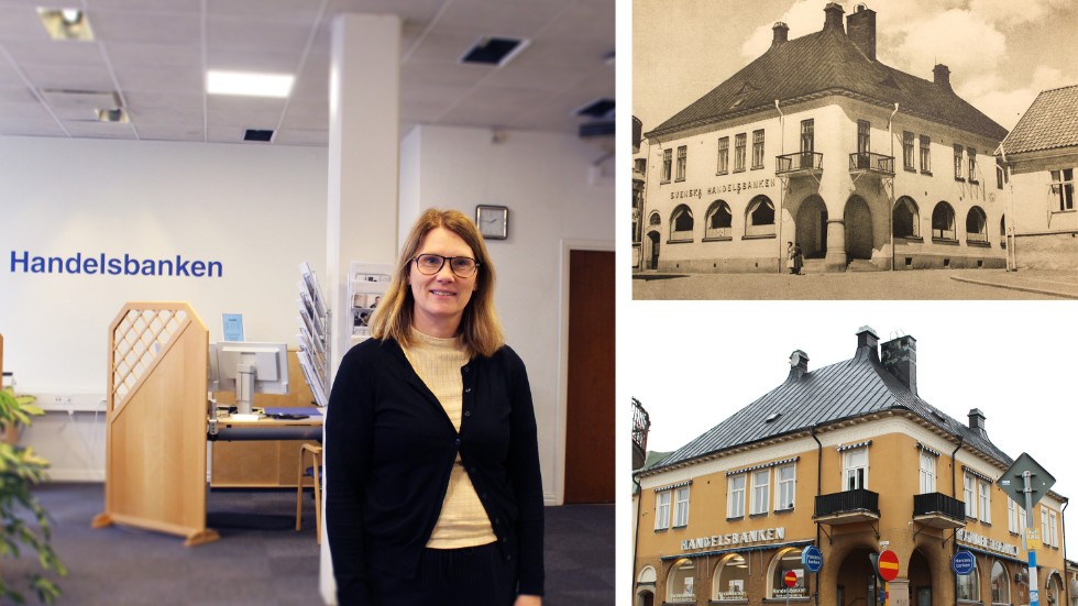 Marie-Louise Mobelius är kontorschef på Handelsbanken i Vimmerby. Mellan bilderna på bankhuset skiljer det 69 år. 